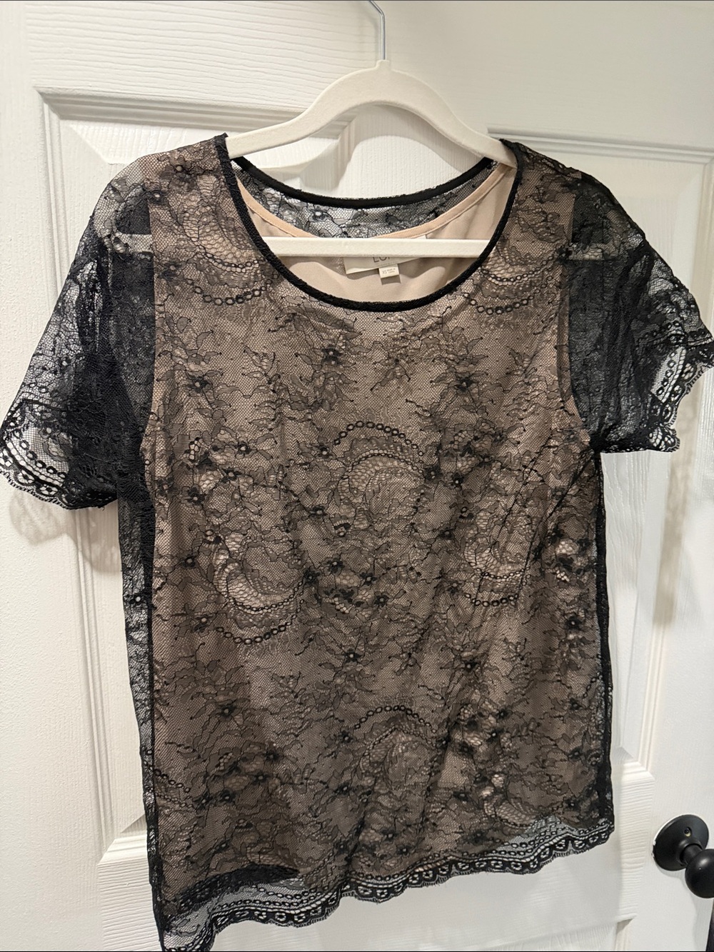 AT Loft Sheer Black Lace Overlay Top with Nude Lining